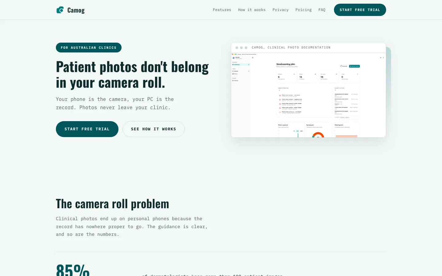 Camog app landing page — clinical photo documentation for Windows