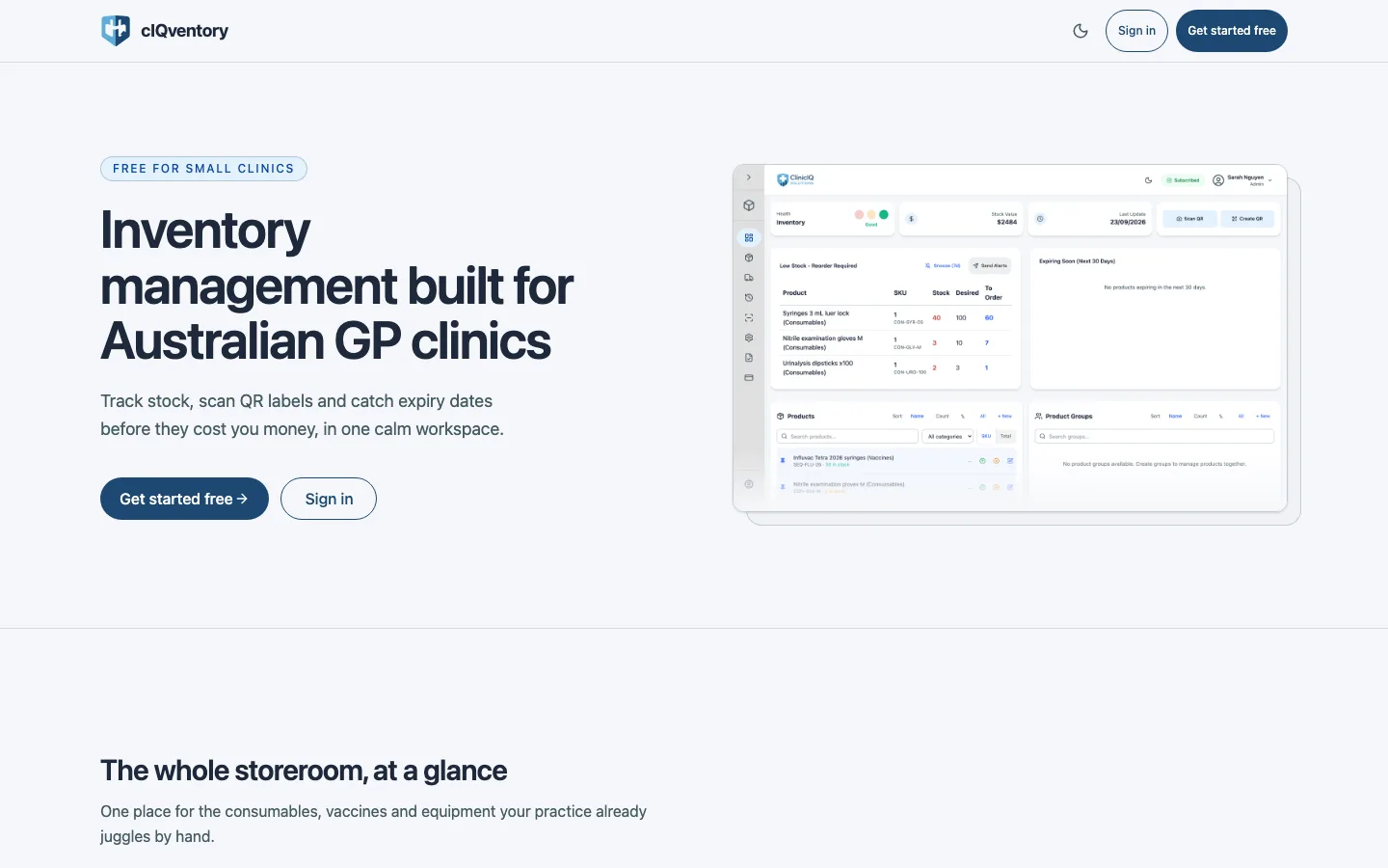 cIQventory app landing page — inventory management for Australian GP clinics
