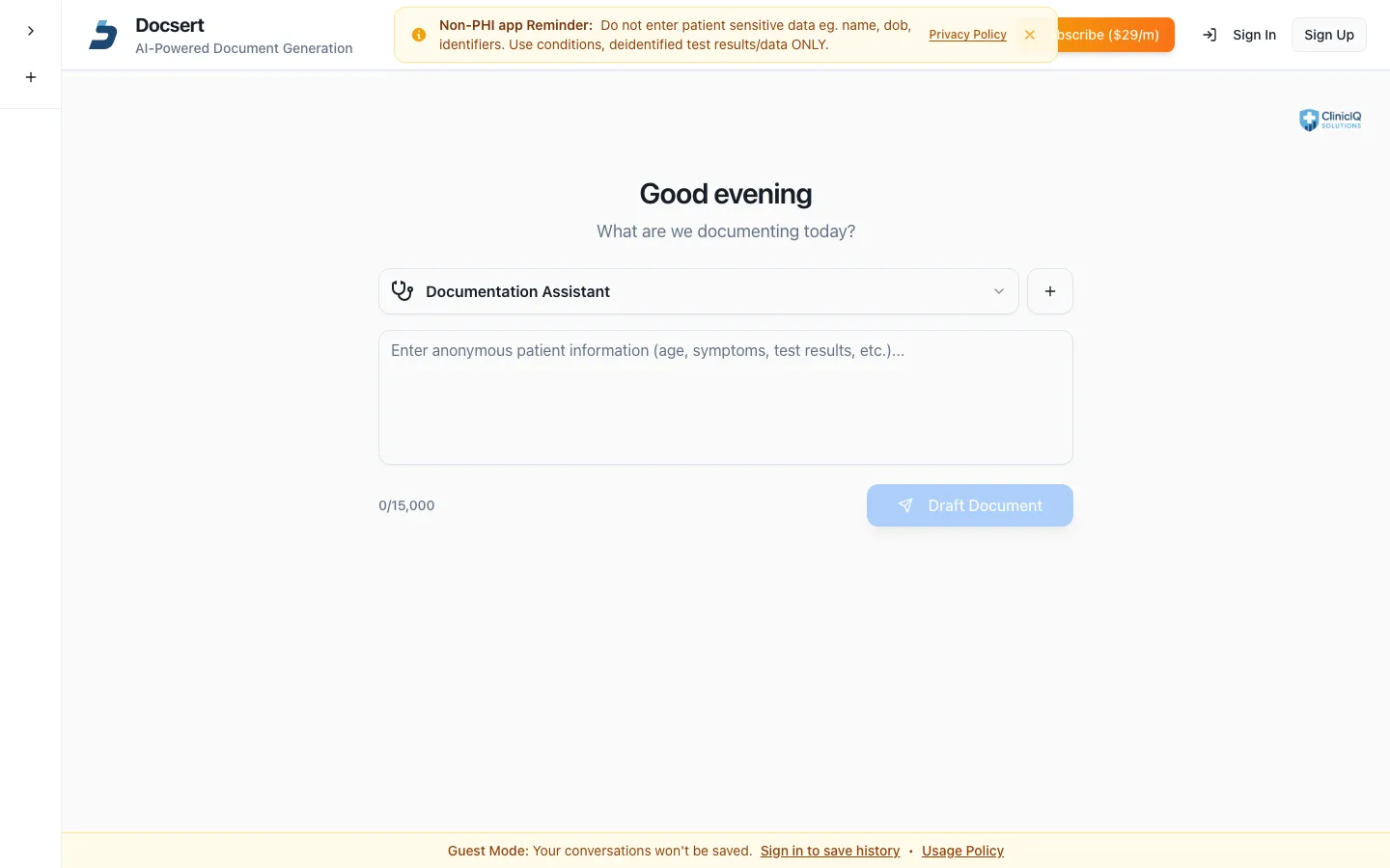 Docsert AI app landing page — document structuring for Australian GP clinics