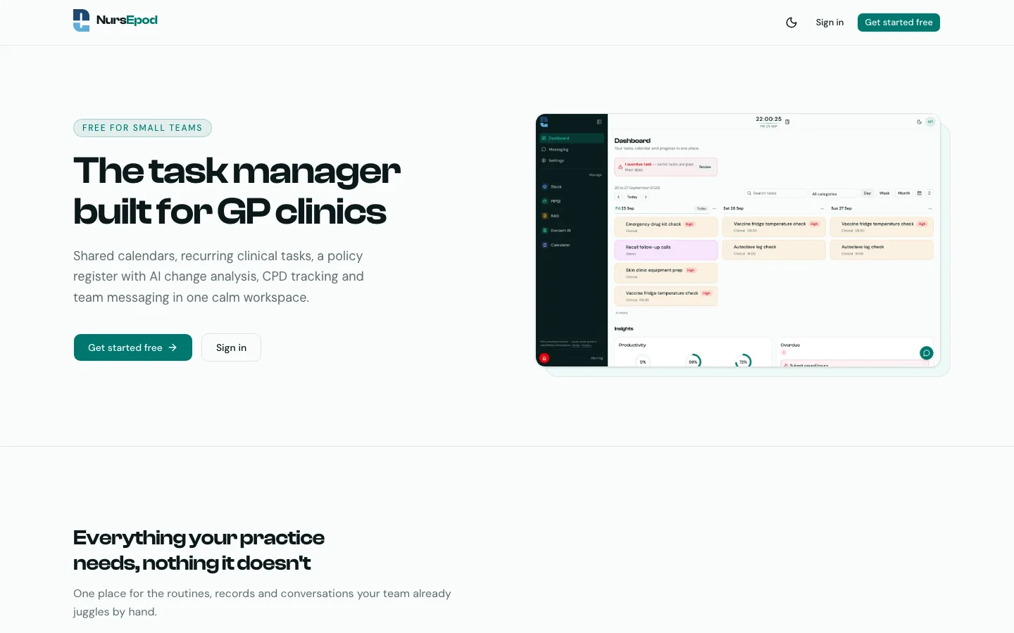 NursEpod app landing page — task management for Australian GP clinics